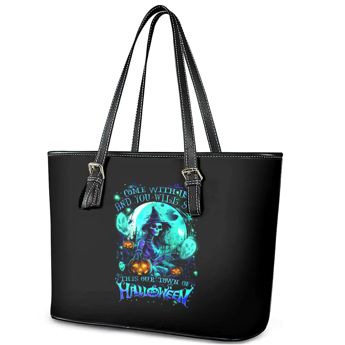 Witch Skull Leather Tote Bag Come With Us And You Will See Our Halloween - Wonder Print Shop