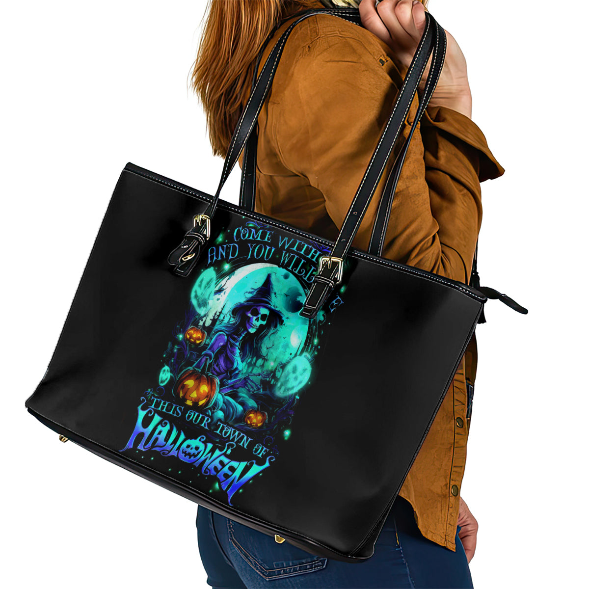 Witch Skull Leather Tote Bag Come With Us And You Will See Our Halloween - Wonder Print Shop