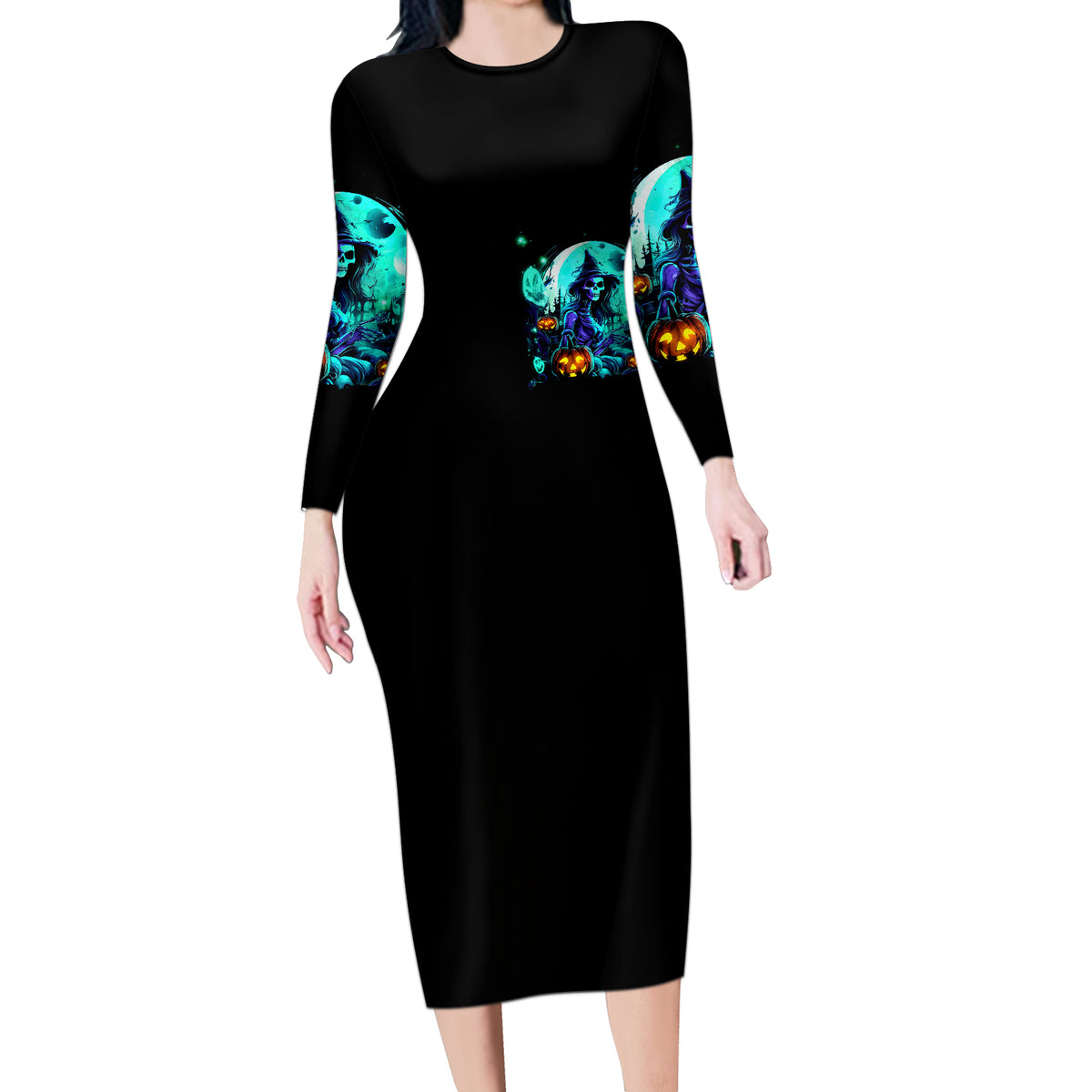 Black long-sleeve bodycon midi dress with teal skull witch Halloween print on front