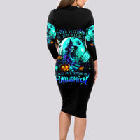 Black long-sleeve bodycon midi dress with teal witch skull Halloween graphic (back)
