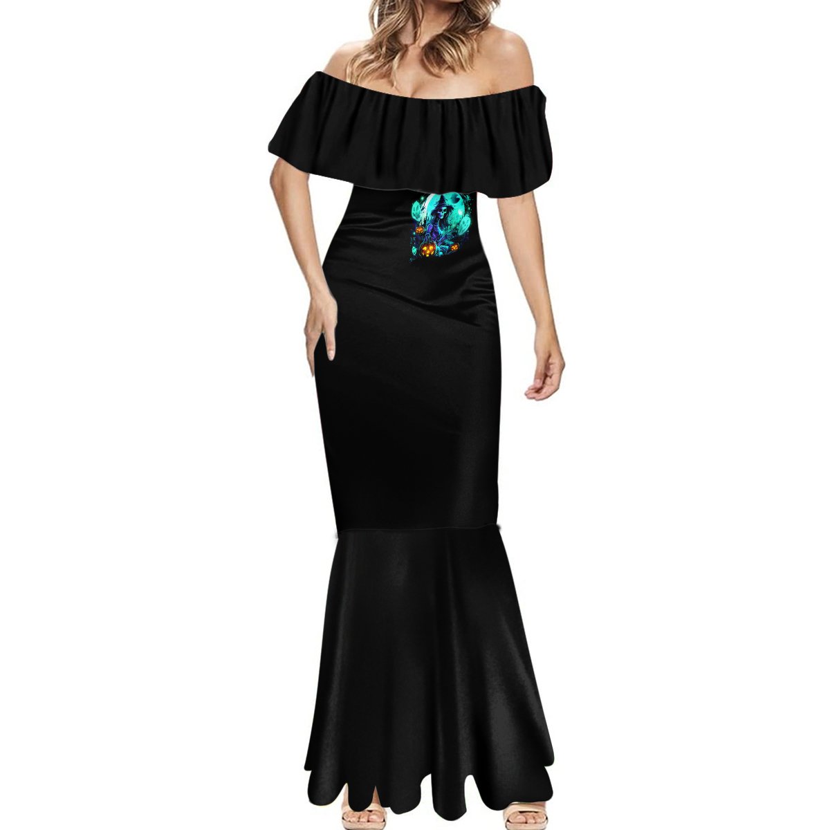 Women's black off-shoulder mermaid maxi dress with teal skull graphic and flared hem