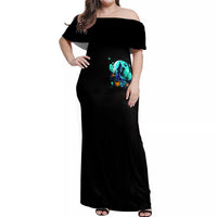 Black off-shoulder maxi dress with turquoise witch skull front print and long hem