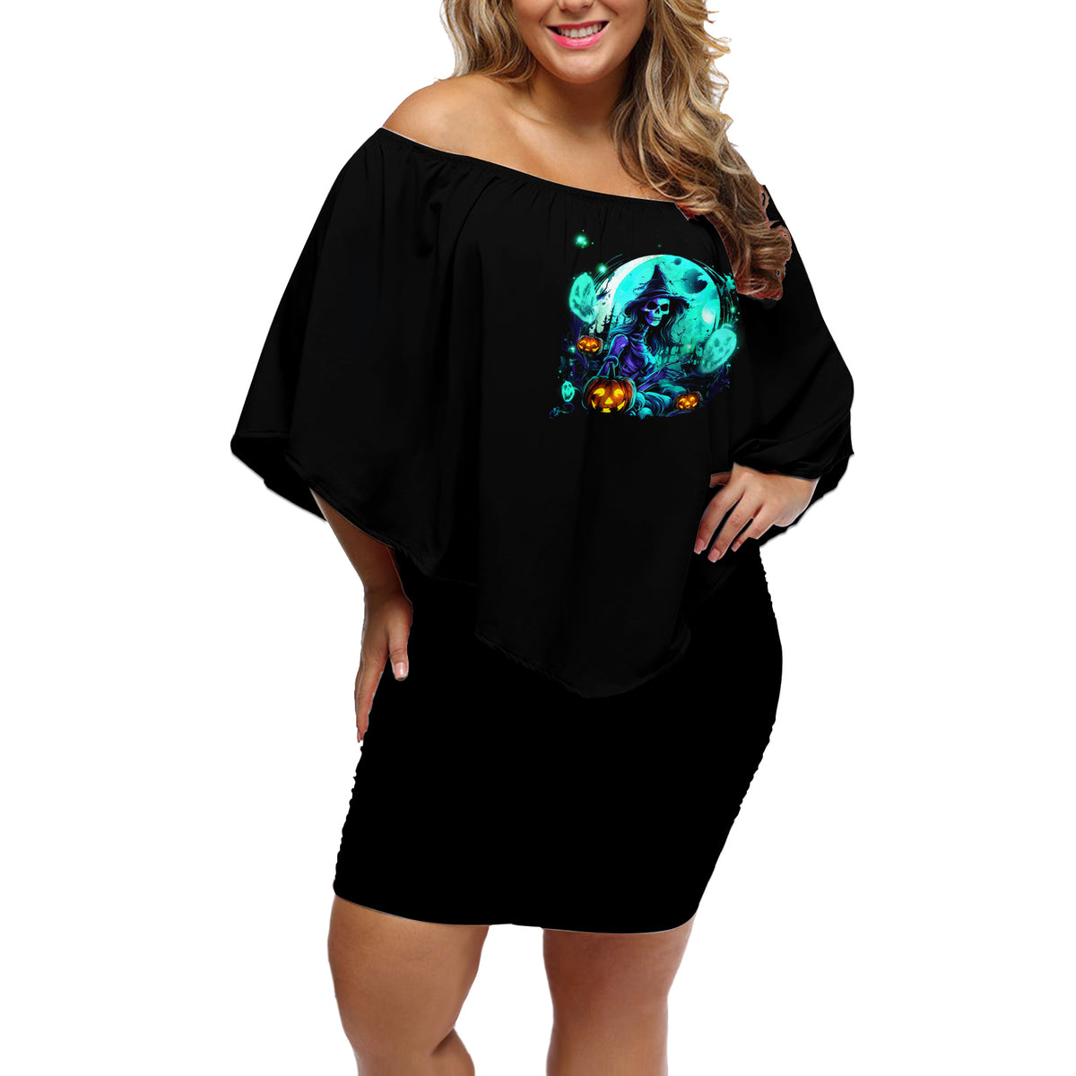 Women's black off-shoulder short dress with skull graphic on front, wide cape sleeves