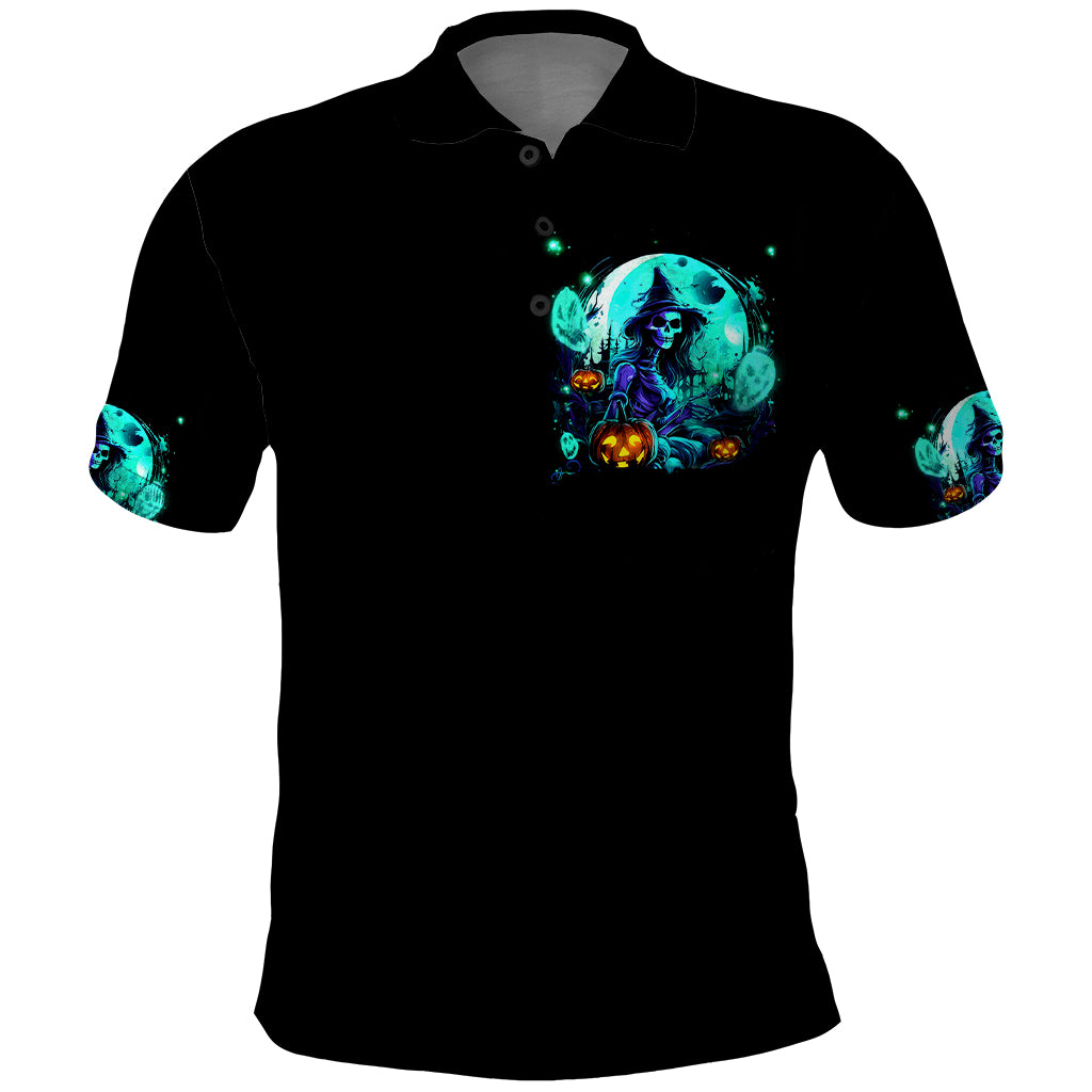 Black polo shirt with teal witch skull chest graphic and short sleeves