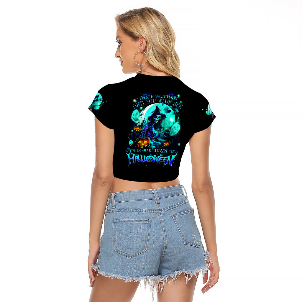 Witch Skull Raglan Cropped T Shirt Come With Us And You Will See Our Halloween - Wonder Print Shop