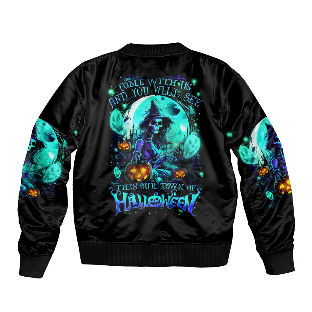 Witch Skull Sleeve Zip Bomber Jacket Come With Us And You Will See Our Halloween - Wonder Print Shop