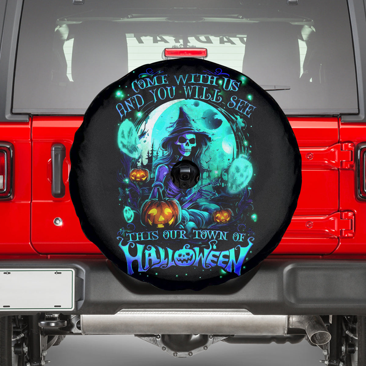 Witch Skull Spare Tire Cover Come With Us And You Will See Our Halloween - Wonder Print Shop
