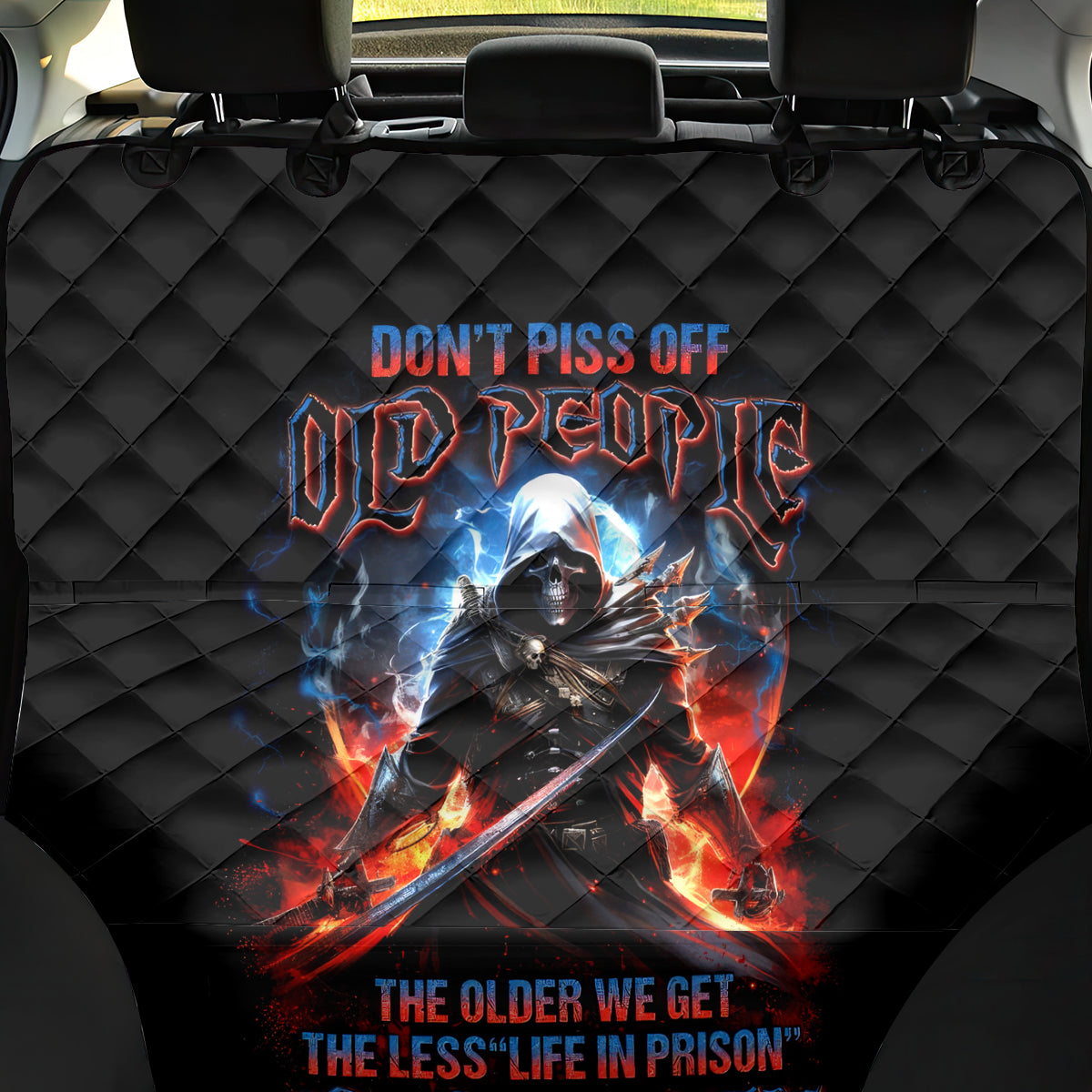 Warrior Skull Back Car Seat Cover Don't Pss Off Old People - Wonder Print Shop