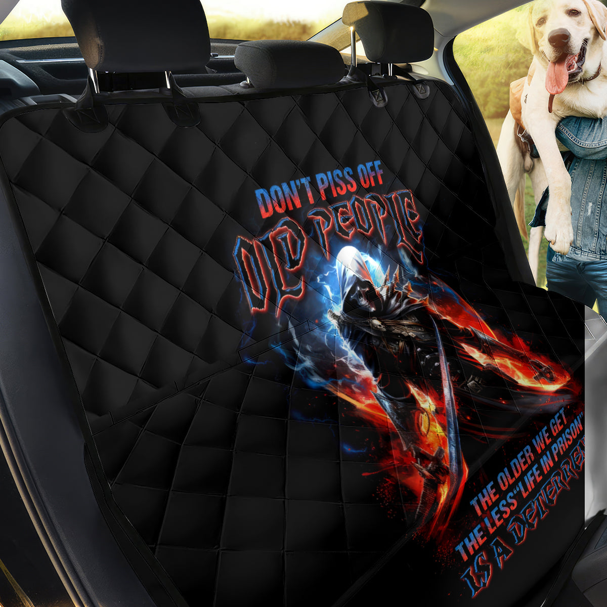 Warrior Skull Back Car Seat Cover Don't Pss Off Old People - Wonder Print Shop