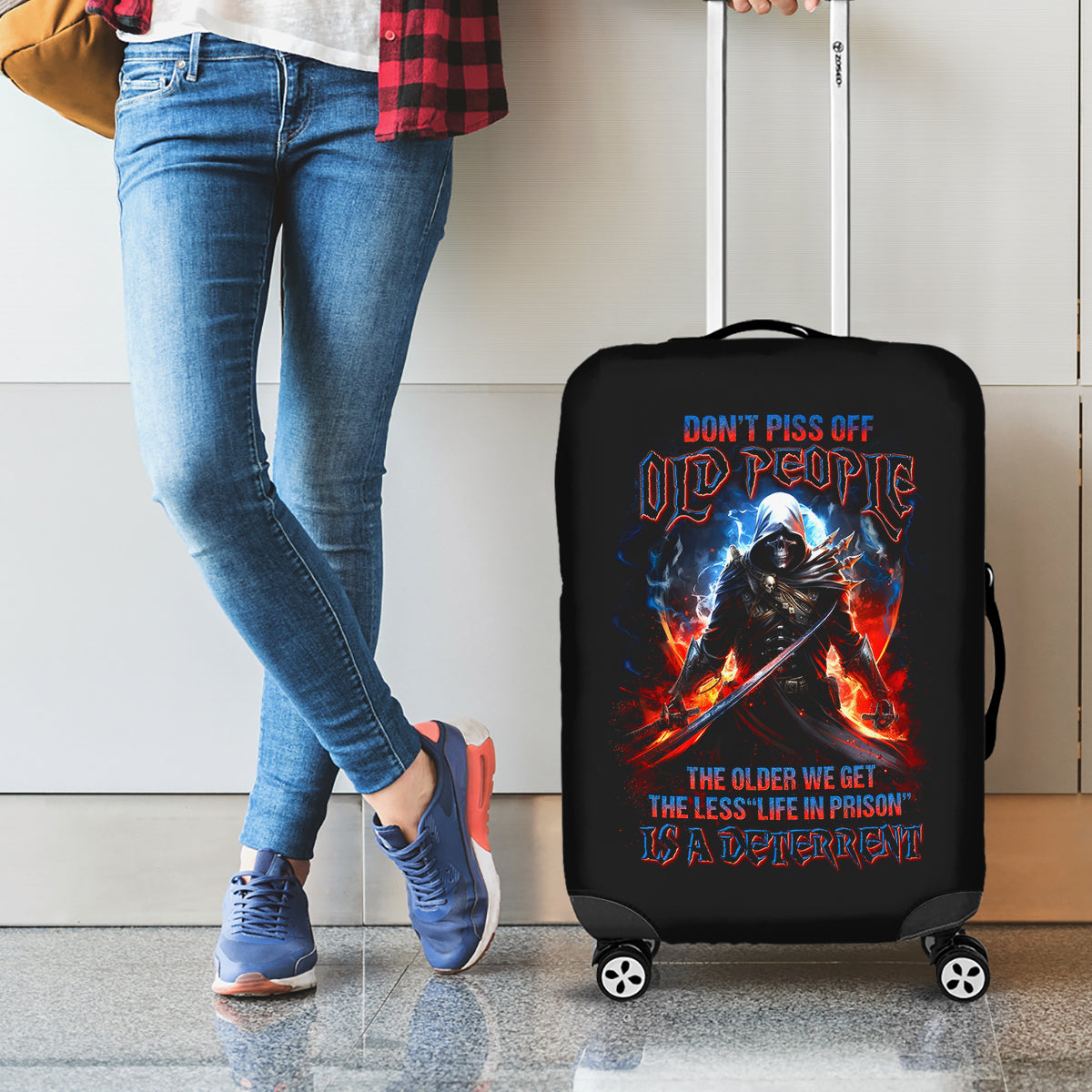 Warrior Skull Luggage Cover Don't Pss Off Old People - Wonder Print Shop