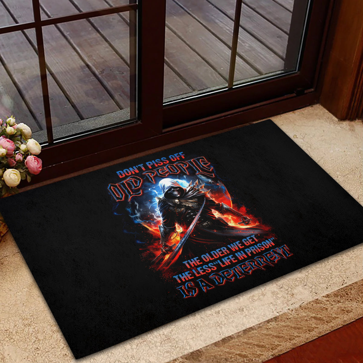 Warrior Skull Rubber Doormat Don't Pss Off Old People - Wonder Print Shop