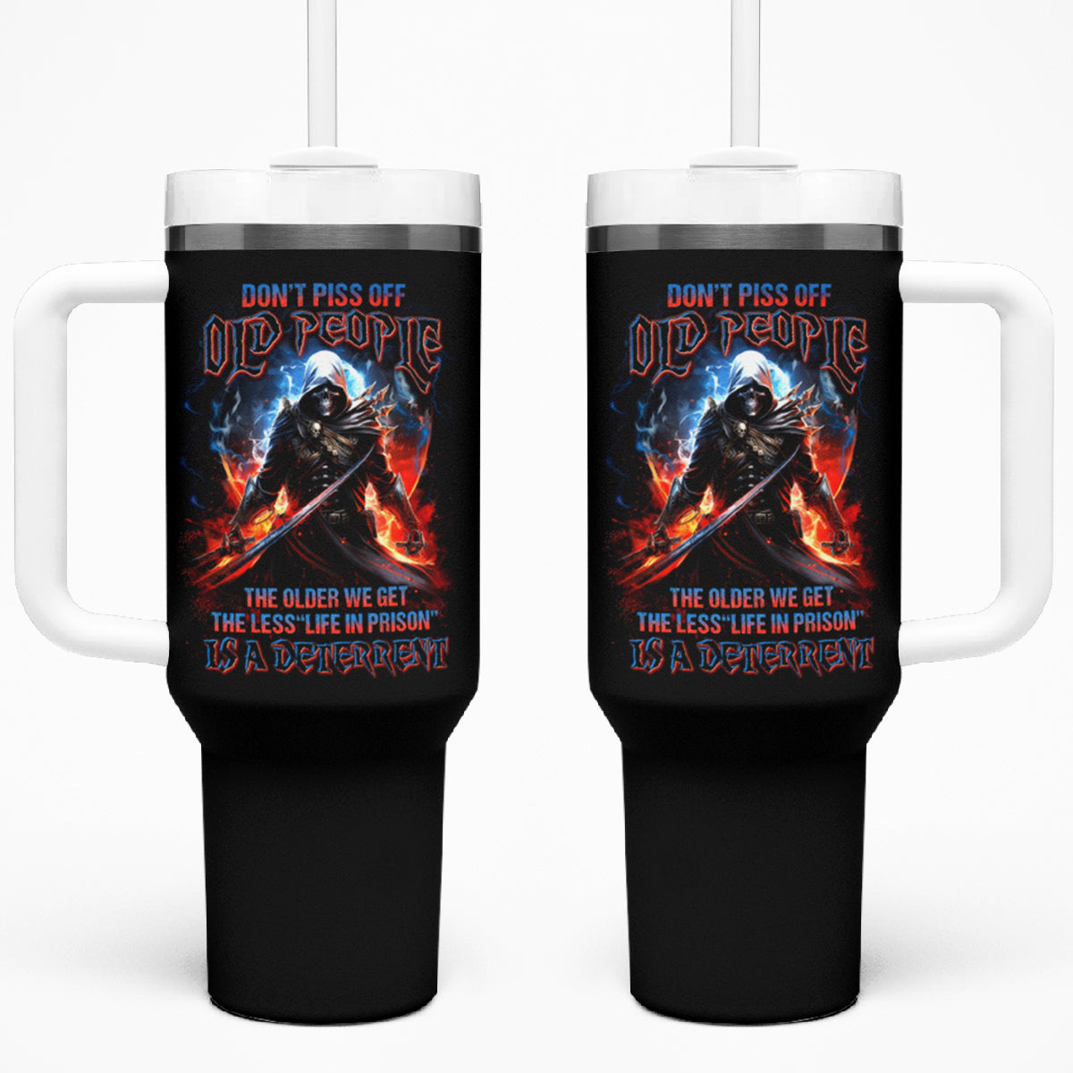 Warrior Skull Tumbler With Handle Don't Pss Off Old People - Wonder Print Shop