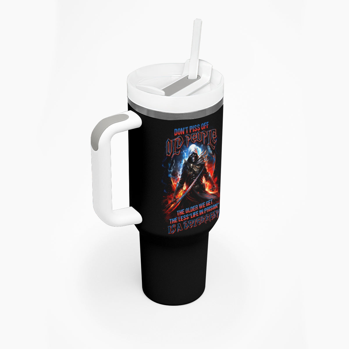 Warrior Skull Tumbler With Handle Don't Pss Off Old People - Wonder Print Shop