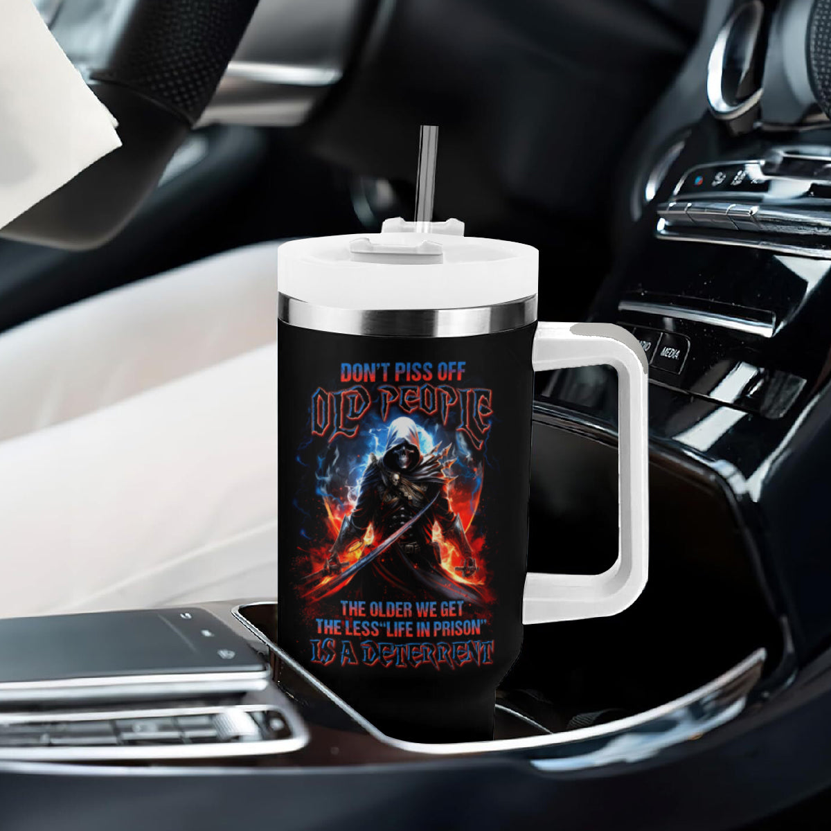 Warrior Skull Tumbler With Handle Don't Pss Off Old People - Wonder Print Shop