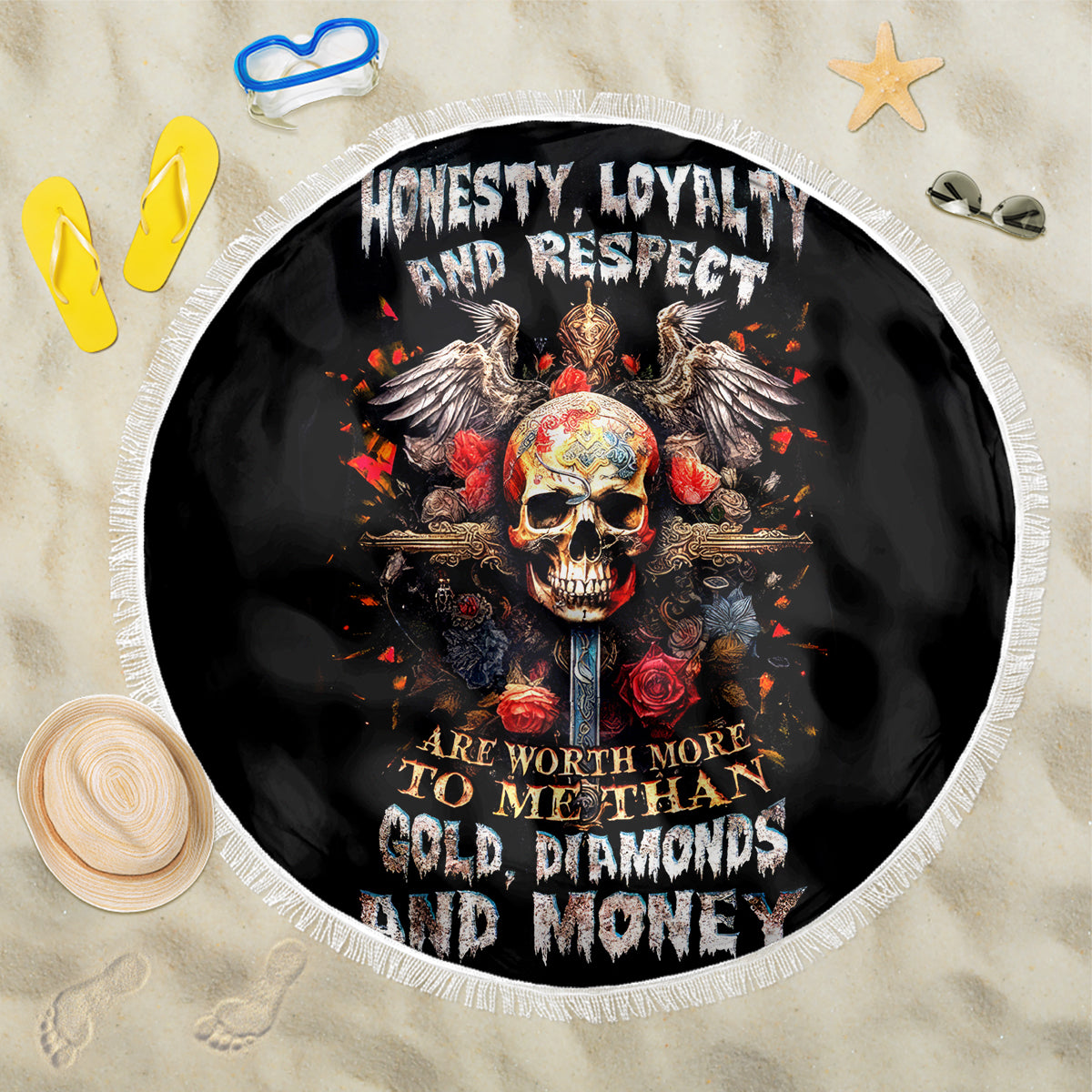 Cross Skull Beach Blanket Honesty Loyalty And Respect Worth More Than Gold, Diamond - Wonder Print Shop