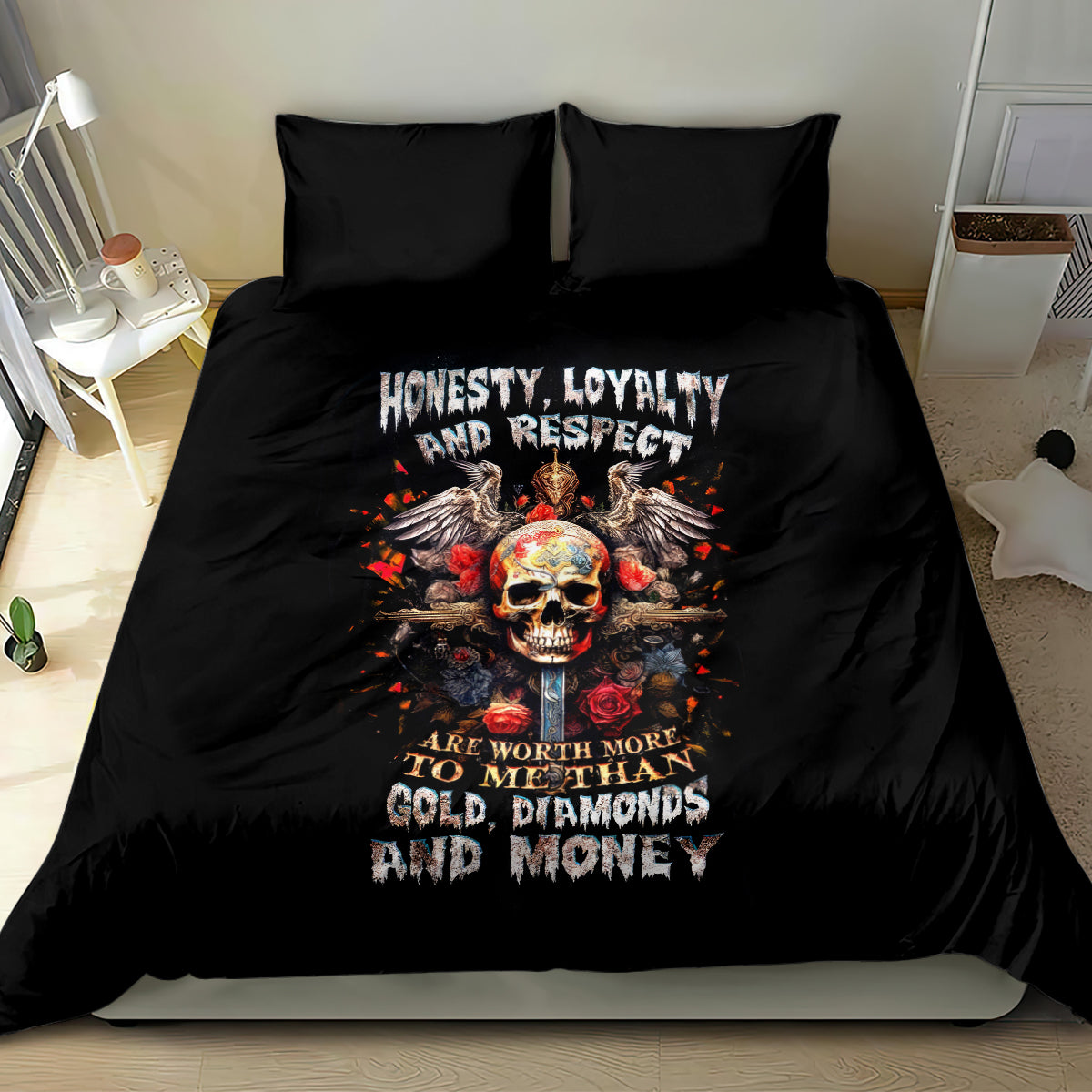 Cross Skull Bedding Set Honesty Loyalty And Respect Worth More Than Gold, Diamond - Wonder Print Shop