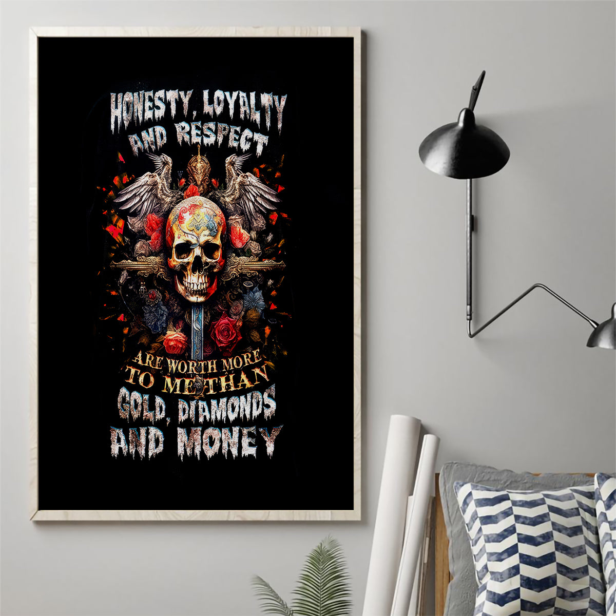 Cross Skull Canvas Wall Art Honesty Loyalty And Respect Worth More Than Gold, Diamond - Wonder Print Shop