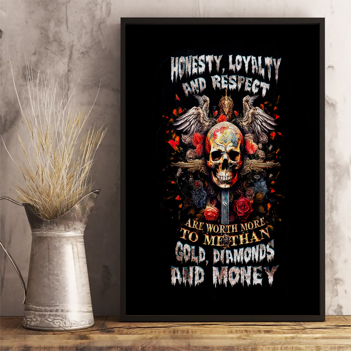 Cross Skull Canvas Wall Art Honesty Loyalty And Respect Worth More Than Gold, Diamond - Wonder Print Shop