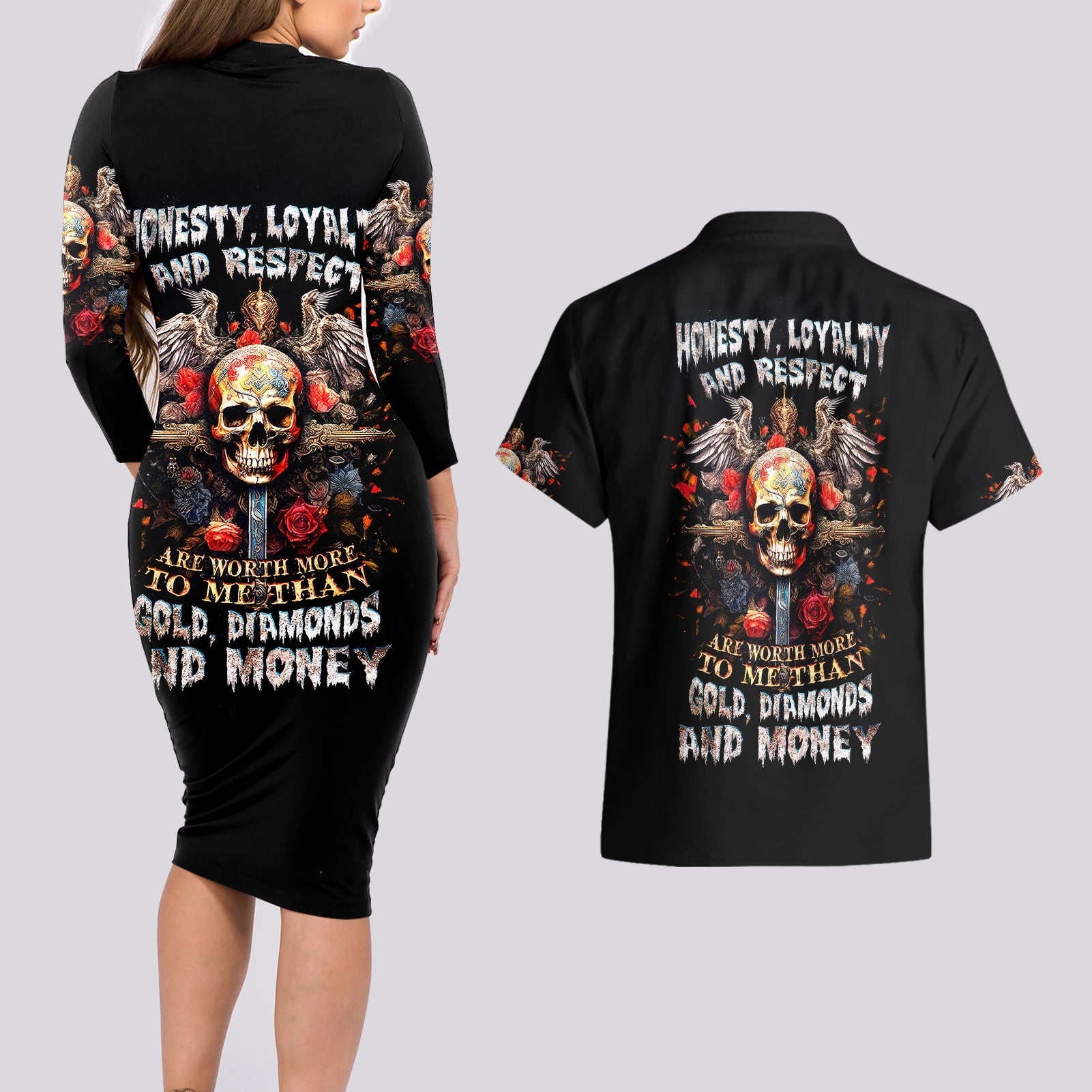 Cross Skull Couples Matching Long Sleeve Bodycon Dress and Hawaiian Shirt Honesty Loyalty And Respect Worth More Than Gold, Diamond - Wonder Print Shop