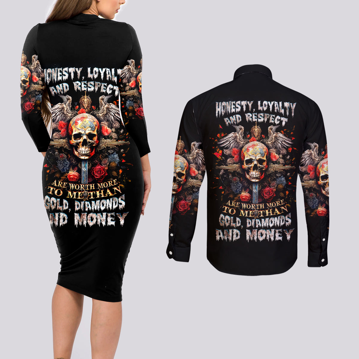 Cross Skull Couples Matching Long Sleeve Bodycon Dress and Long Sleeve Button Shirts Honesty Loyalty And Respect Worth More Than Gold, Diamond - Wonder Print Shop