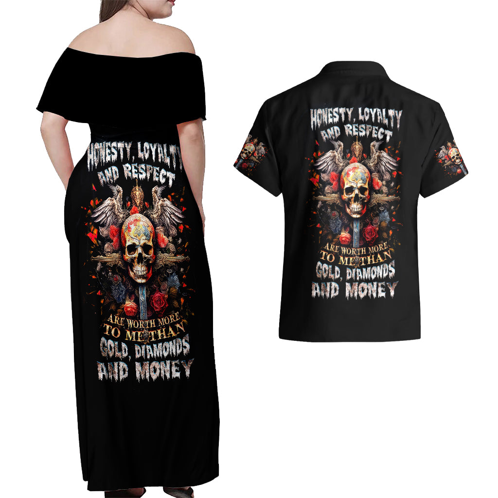 Cross Skull Couples Matching Off Shoulder Maxi Dress and Hawaiian Shirt Honesty Loyalty And Respect Worth More Than Gold, Diamond - Wonder Print Shop