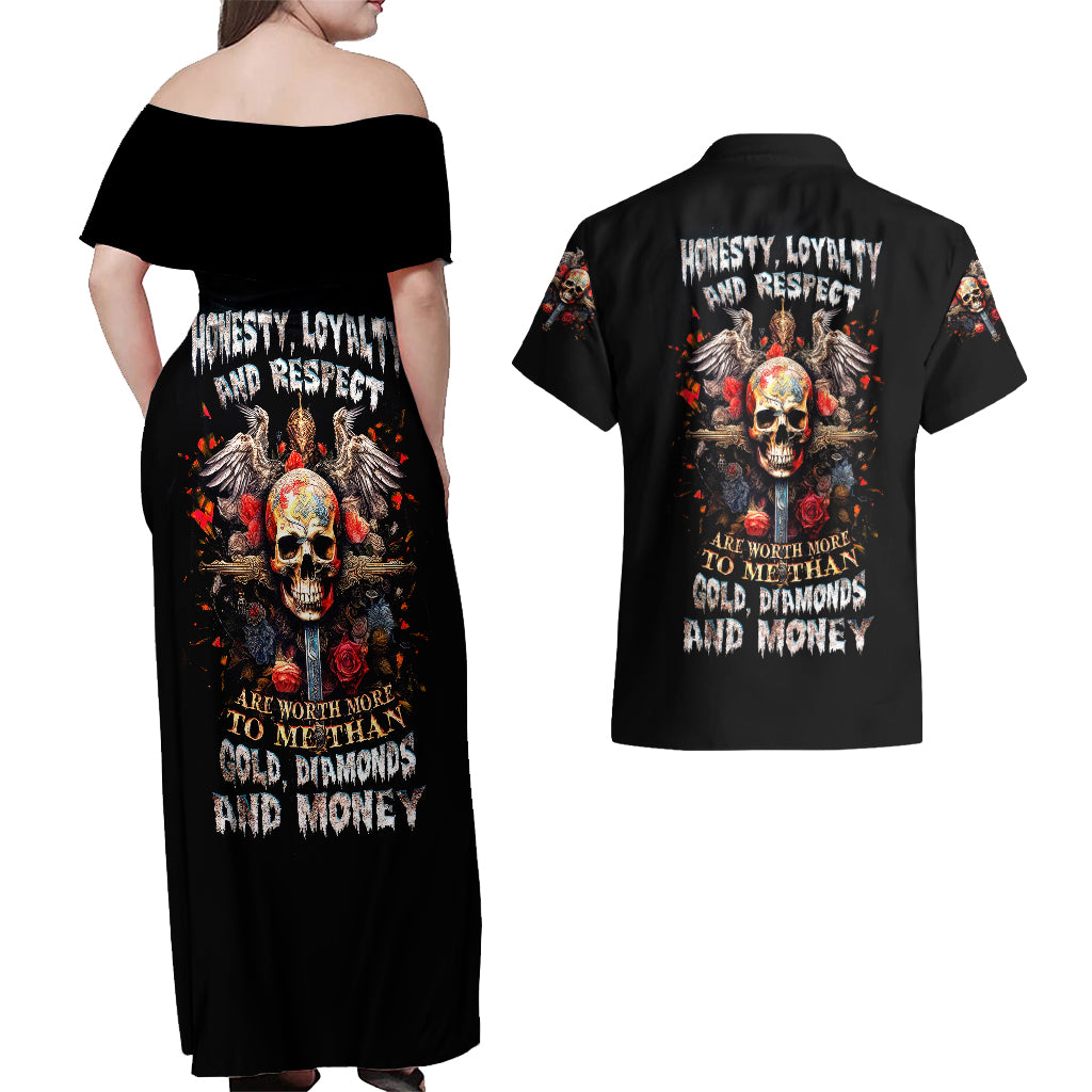 Cross Skull Couples Matching Off Shoulder Maxi Dress and Hawaiian Shirt Honesty Loyalty And Respect Worth More Than Gold, Diamond - Wonder Print Shop