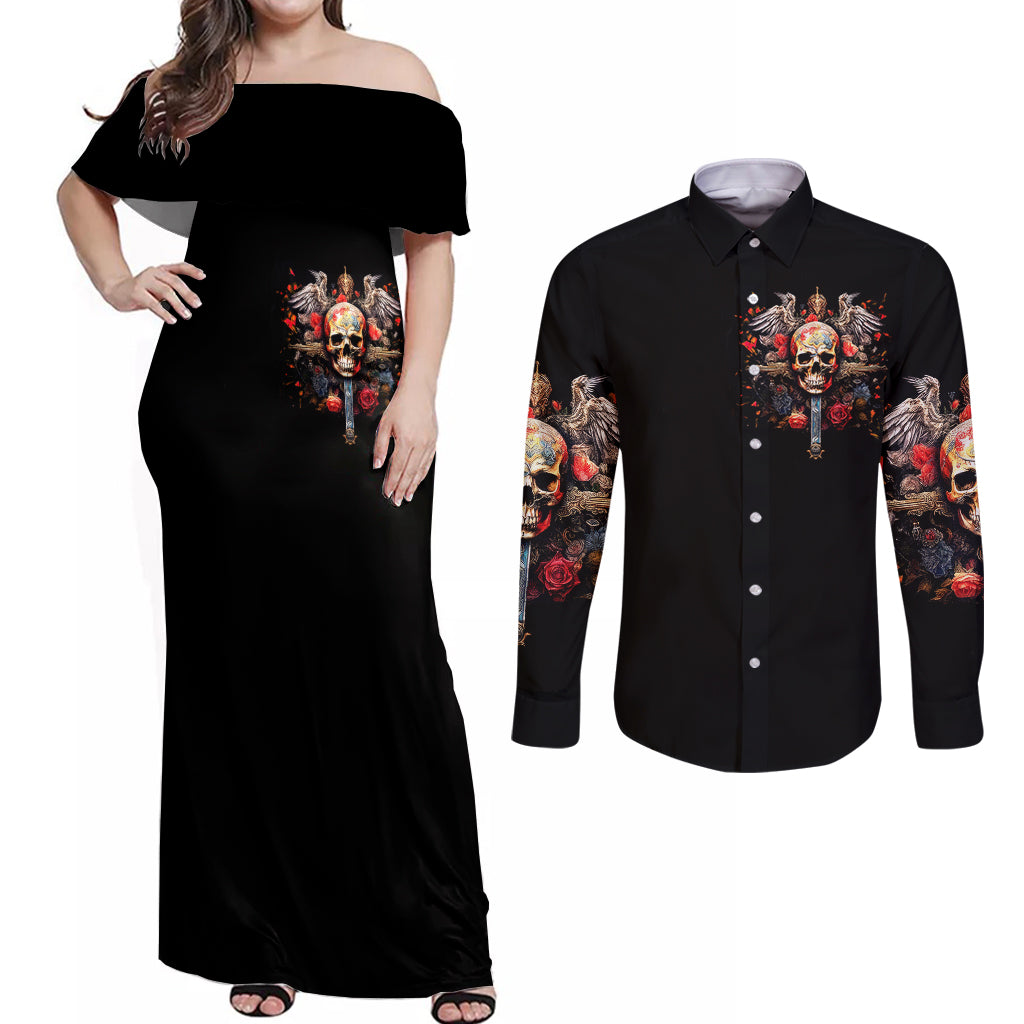 Cross Skull Couples Matching Off Shoulder Maxi Dress and Long Sleeve Button Shirts Honesty Loyalty And Respect Worth More Than Gold, Diamond - Wonder Print Shop