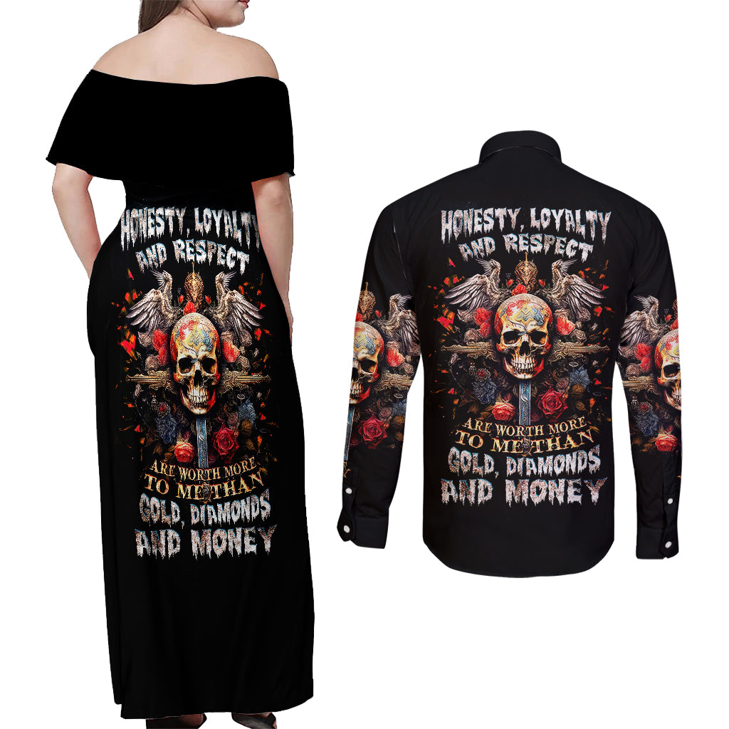 Cross Skull Couples Matching Off Shoulder Maxi Dress and Long Sleeve Button Shirts Honesty Loyalty And Respect Worth More Than Gold, Diamond - Wonder Print Shop