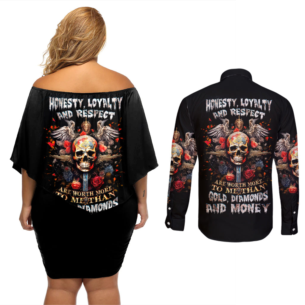 Cross Skull Couples Matching Off Shoulder Short Dress and Long Sleeve Button Shirts Honesty Loyalty And Respect Worth More Than Gold, Diamond - Wonder Print Shop