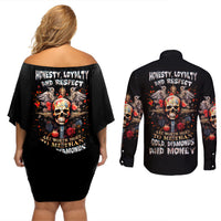 Cross Skull Couples Matching Off Shoulder Short Dress and Long Sleeve Button Shirts Honesty Loyalty And Respect Worth More Than Gold, Diamond - Wonder Print Shop