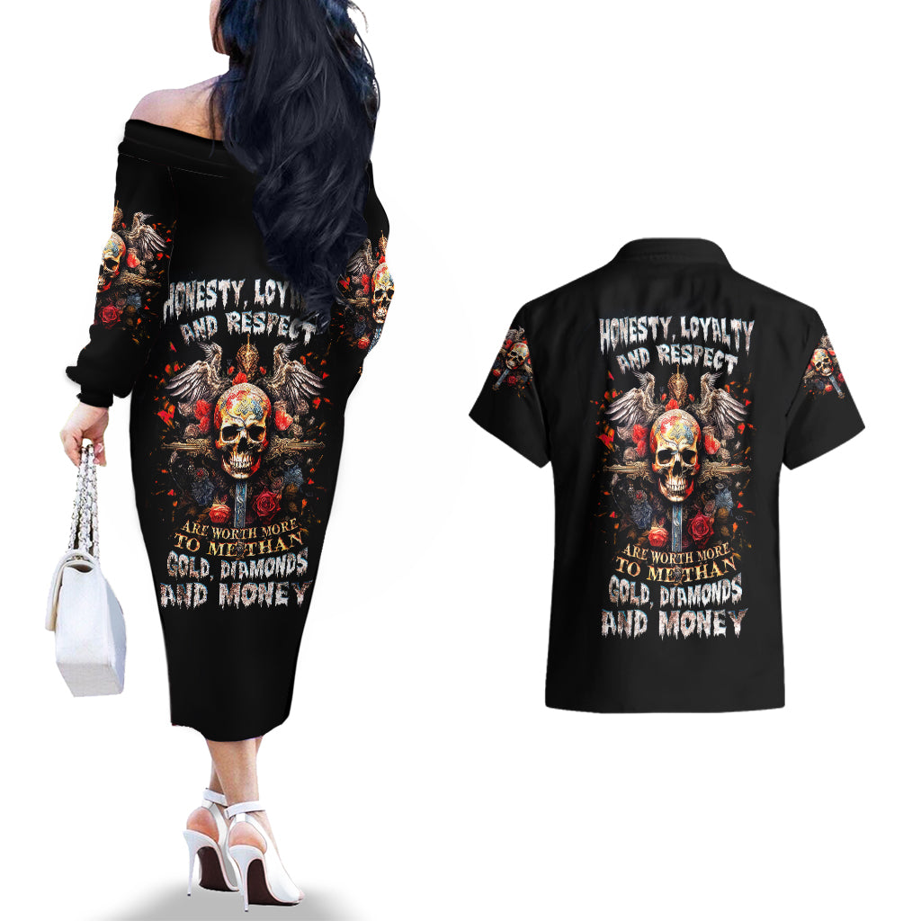Cross Skull Couples Matching Off The Shoulder Long Sleeve Dress and Hawaiian Shirt Honesty Loyalty And Respect Worth More Than Gold, Diamond - Wonder Print Shop