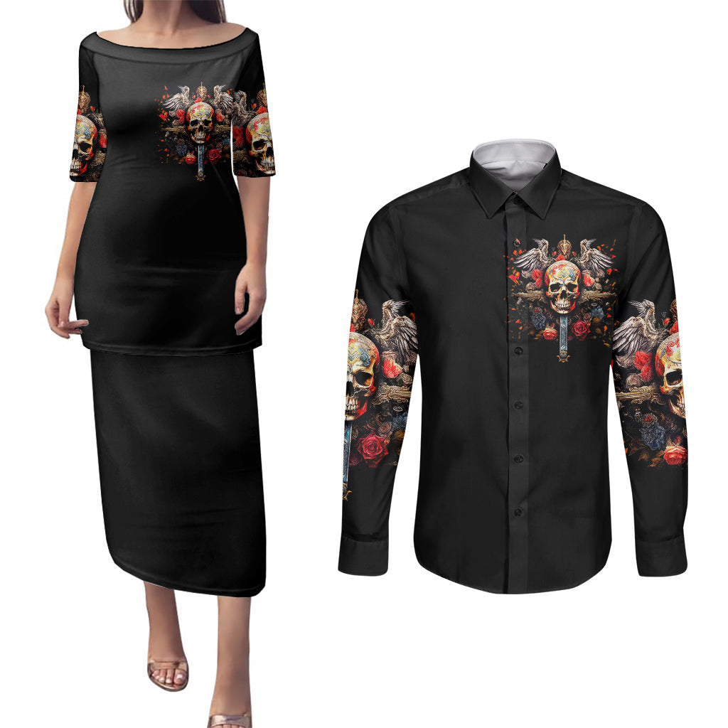 Cross Skull Couples Matching Puletasi Dress and Long Sleeve Button Shirts Honesty Loyalty And Respect Worth More Than Gold, Diamond - Wonder Print Shop