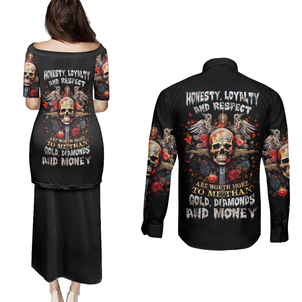 Cross Skull Couples Matching Puletasi Dress and Long Sleeve Button Shirts Honesty Loyalty And Respect Worth More Than Gold, Diamond - Wonder Print Shop
