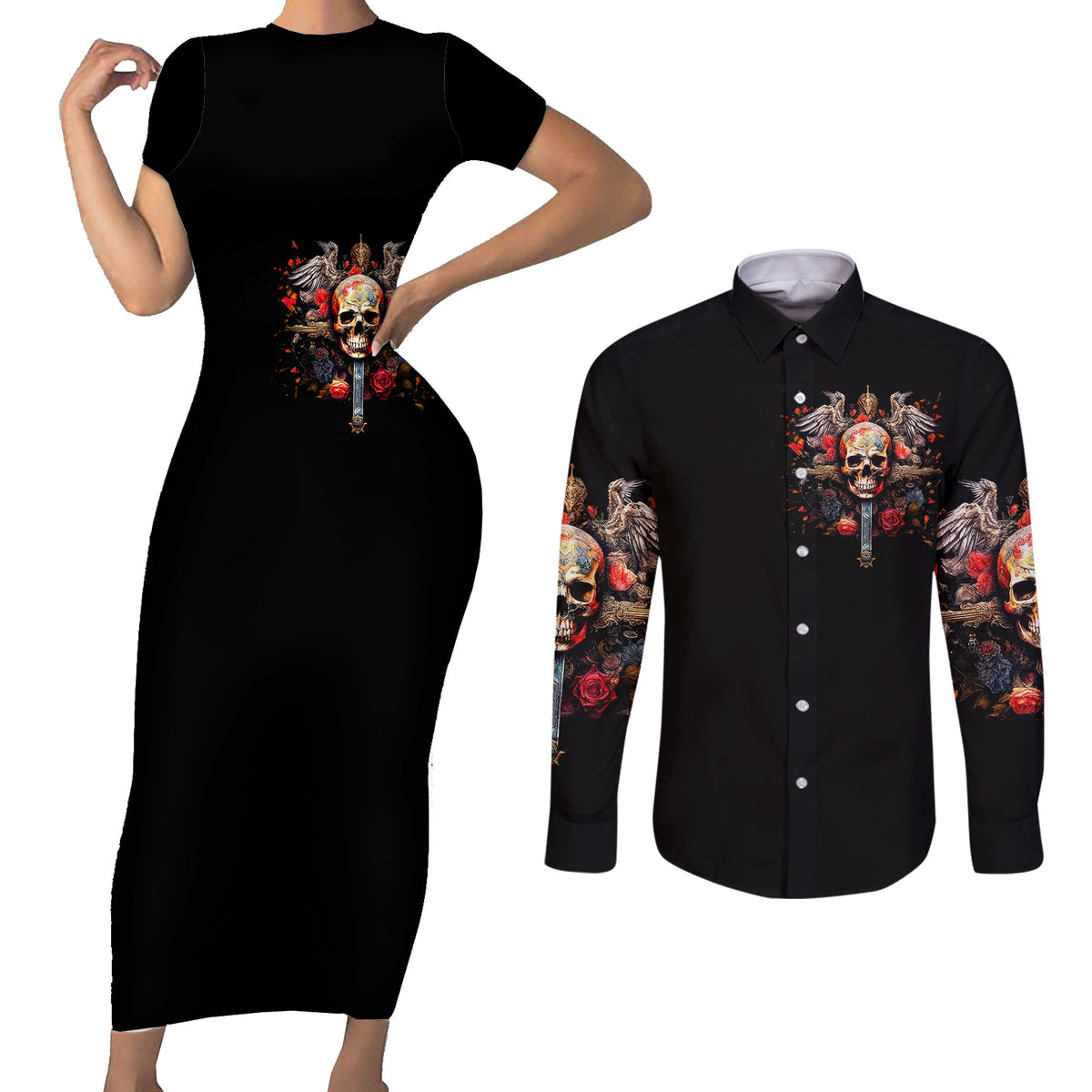 Cross Skull Couples Matching Short Sleeve Bodycon Dress and Long Sleeve Button Shirts Honesty Loyalty And Respect Worth More Than Gold, Diamond - Wonder Print Shop