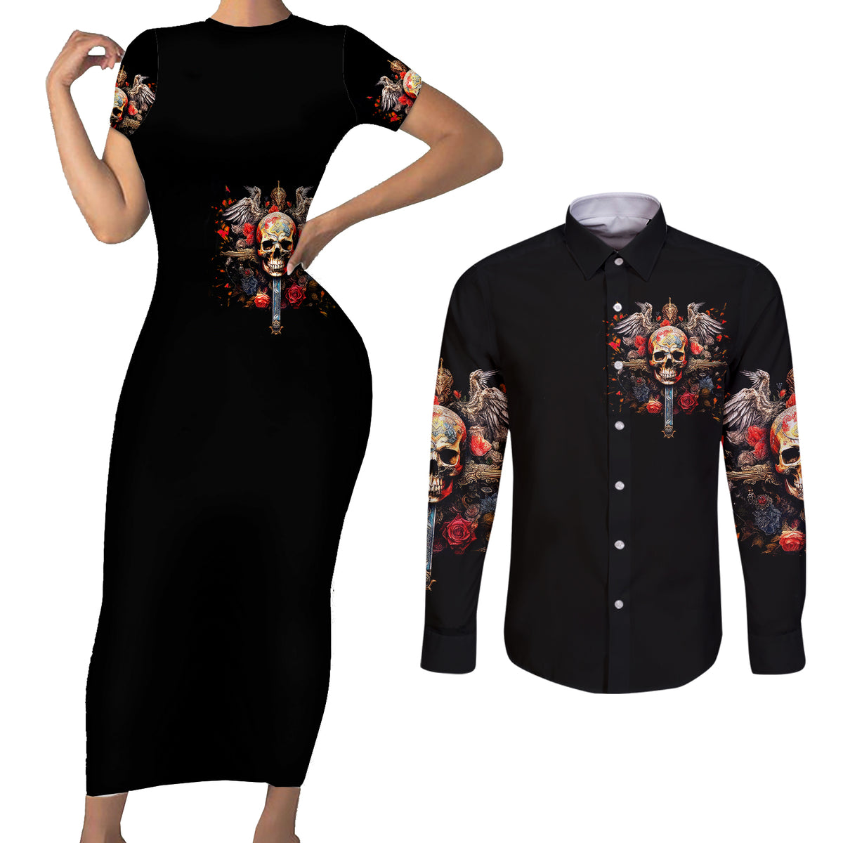 Cross Skull Couples Matching Short Sleeve Bodycon Dress and Long Sleeve Button Shirts Honesty Loyalty And Respect Worth More Than Gold, Diamond - Wonder Print Shop