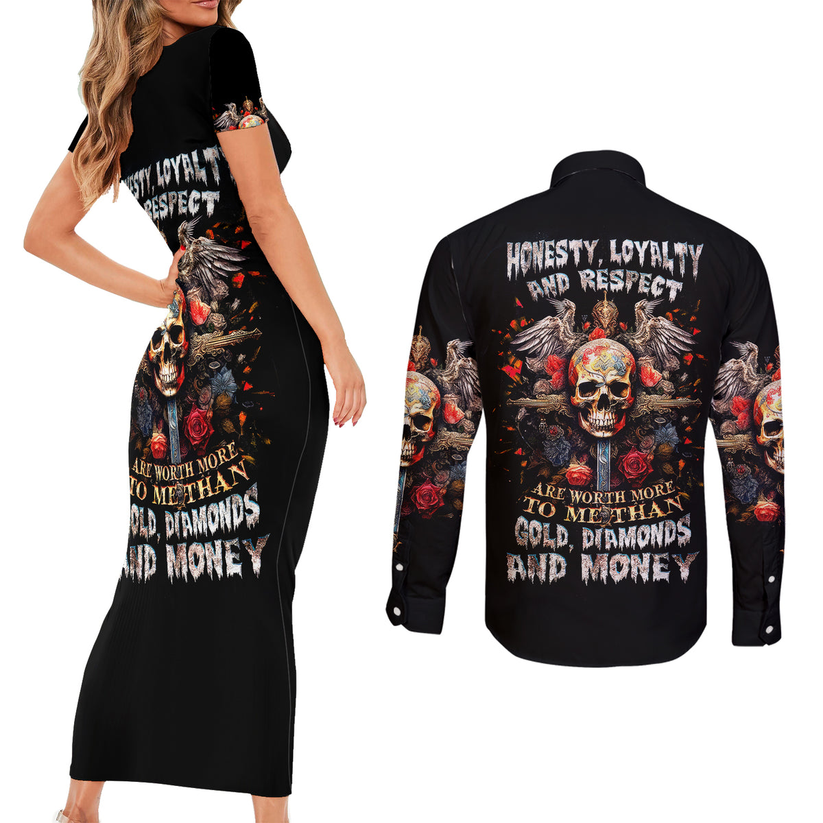 Cross Skull Couples Matching Short Sleeve Bodycon Dress and Long Sleeve Button Shirts Honesty Loyalty And Respect Worth More Than Gold, Diamond - Wonder Print Shop