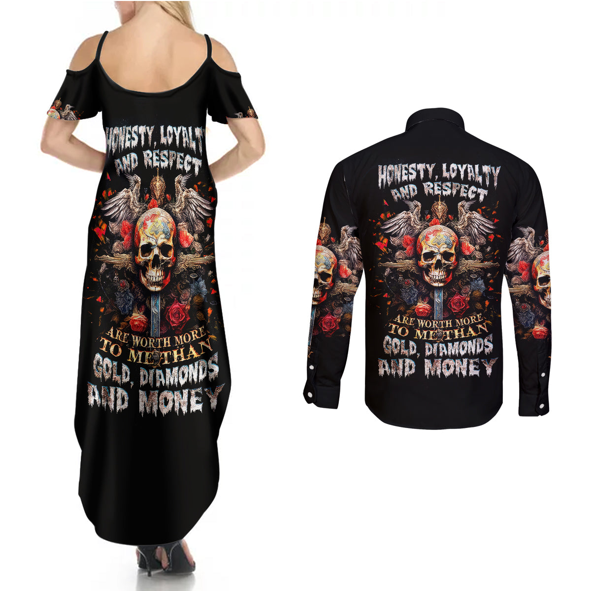 Cross Skull Couples Matching Summer Maxi Dress and Long Sleeve Button Shirts Honesty Loyalty And Respect Worth More Than Gold, Diamond - Wonder Print Shop