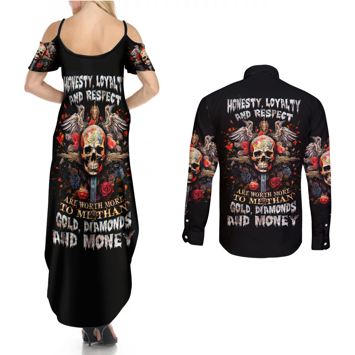 Cross Skull Couples Matching Summer Maxi Dress and Long Sleeve Button Shirts Honesty Loyalty And Respect Worth More Than Gold, Diamond - Wonder Print Shop