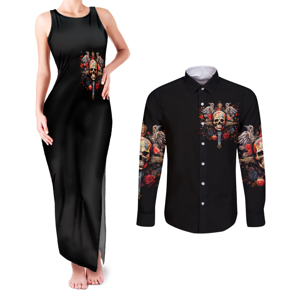 Cross Skull Couples Matching Tank Maxi Dress and Long Sleeve Button Shirts Honesty Loyalty And Respect Worth More Than Gold, Diamond - Wonder Print Shop
