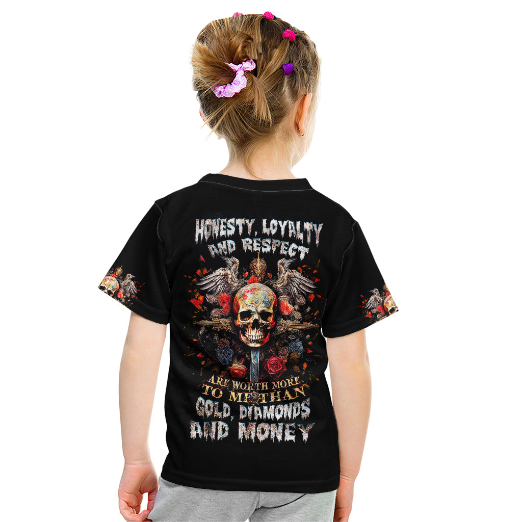 Kids black T-shirt, back graphic with skull, cross, and text Honesty, Loyalty, Respect