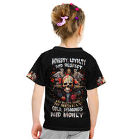Kids black T-shirt, back graphic with skull, cross, and text Honesty, Loyalty, Respect