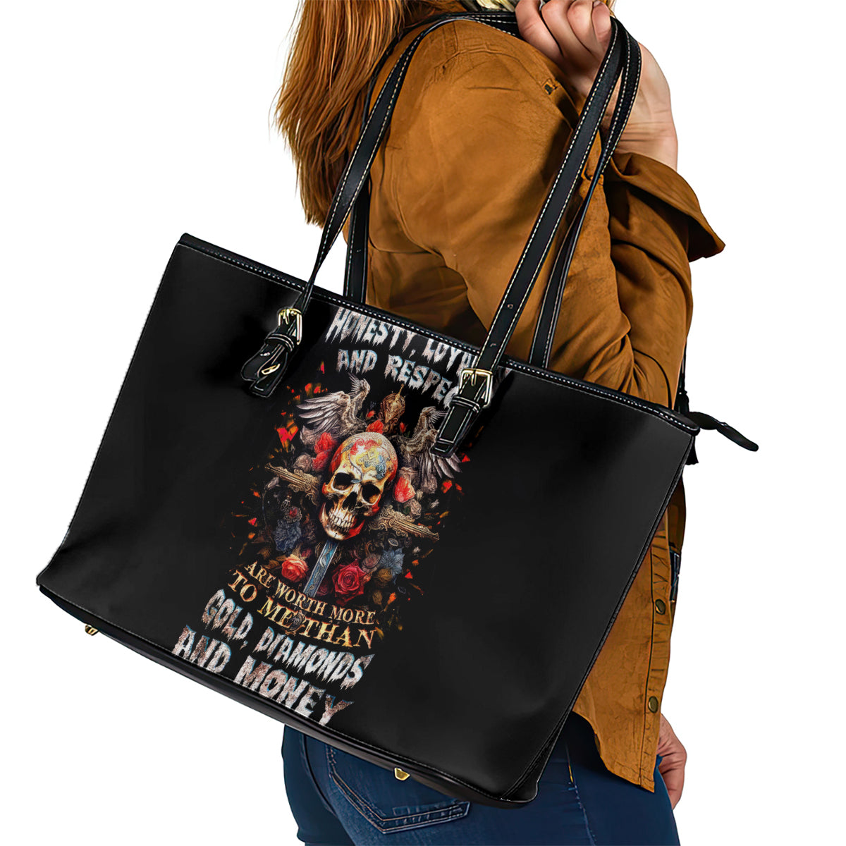 Cross Skull Leather Tote Bag Honesty Loyalty And Respect Worth More Than Gold, Diamond - Wonder Print Shop