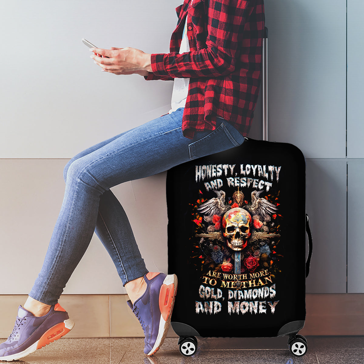 Cross Skull Luggage Cover Honesty Loyalty And Respect Worth More Than Gold, Diamond - Wonder Print Shop