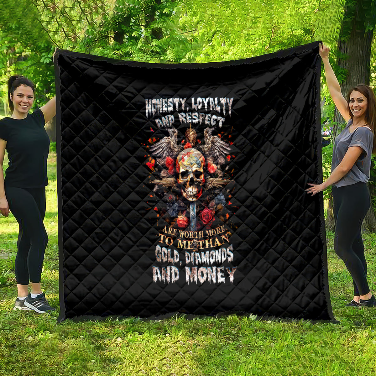 Cross Skull Quilt Honesty Loyalty And Respect Worth More Than Gold, Diamond - Wonder Print Shop