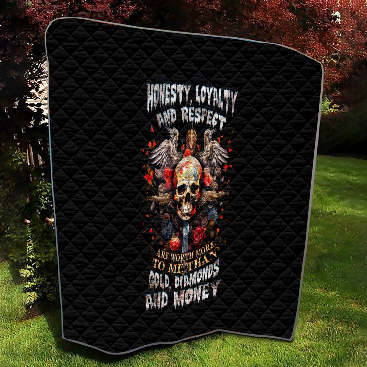 Cross Skull Quilt Honesty Loyalty And Respect Worth More Than Gold, Diamond - Wonder Print Shop