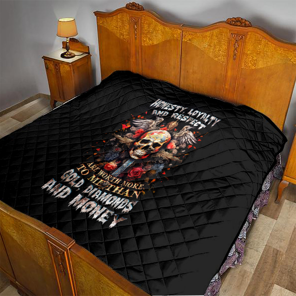 Cross Skull Quilt Honesty Loyalty And Respect Worth More Than Gold, Diamond - Wonder Print Shop
