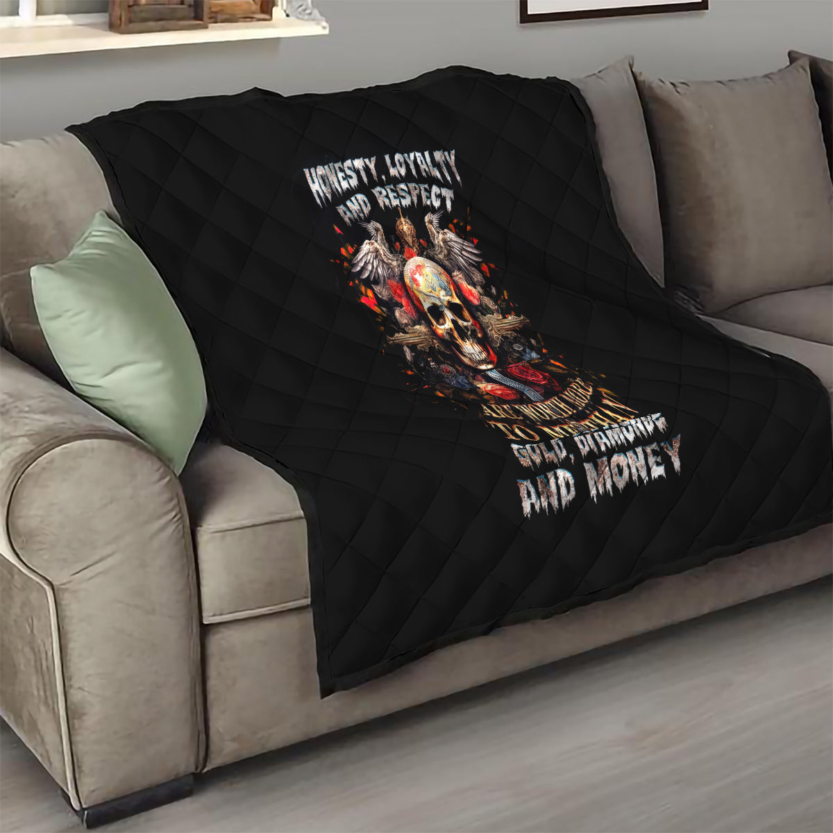 Cross Skull Quilt Honesty Loyalty And Respect Worth More Than Gold, Diamond - Wonder Print Shop