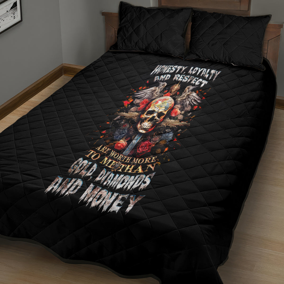 Cross Skull Quilt Bed Set Honesty Loyalty And Respect Worth More Than Gold, Diamond - Wonder Print Shop