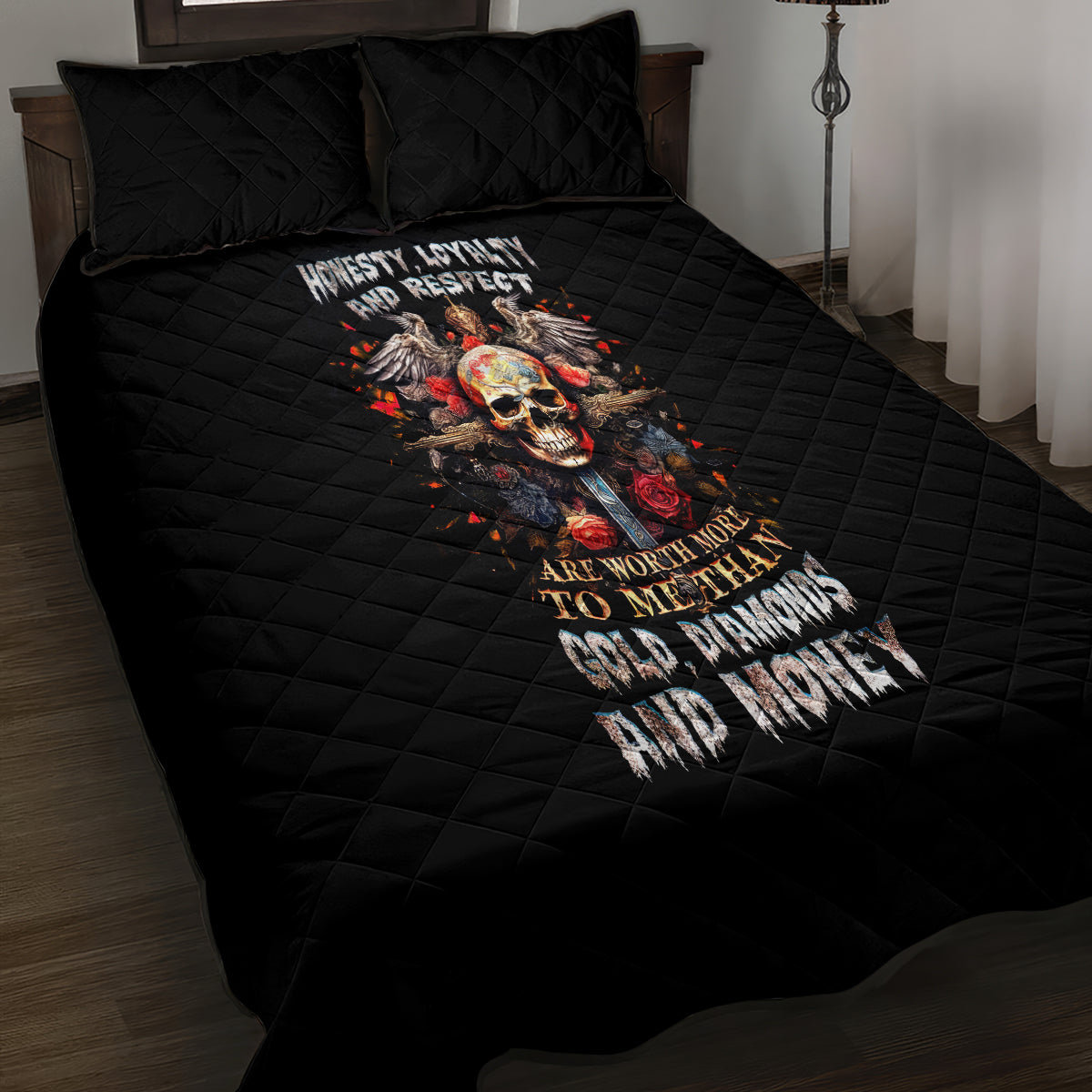 Cross Skull Quilt Bed Set Honesty Loyalty And Respect Worth More Than Gold, Diamond - Wonder Print Shop