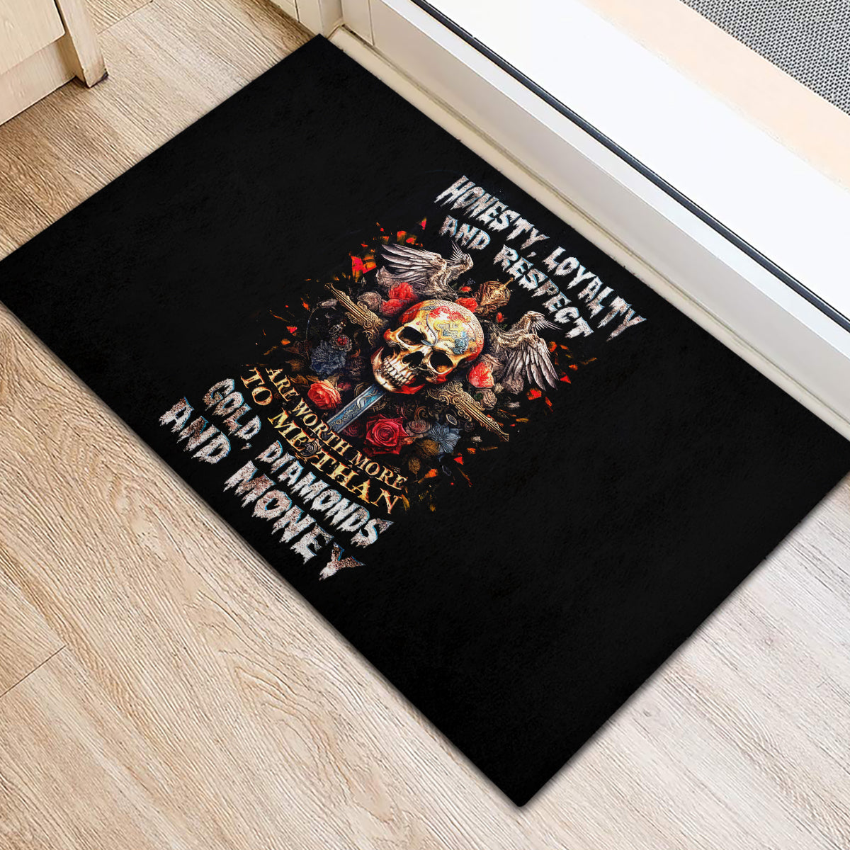 Cross Skull Rubber Doormat Honesty Loyalty And Respect Worth More Than Gold, Diamond - Wonder Print Shop